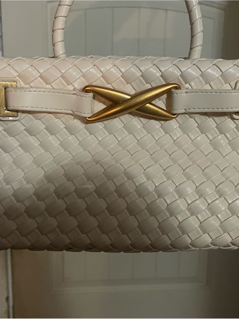 Woven Leather Top-Handle Bag in Cream with Gold Accent